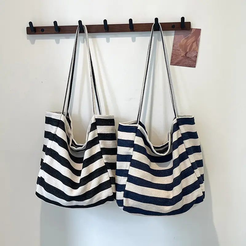 Striped Canvas Shoulder Bag Blue White Large Capacity - Image 4