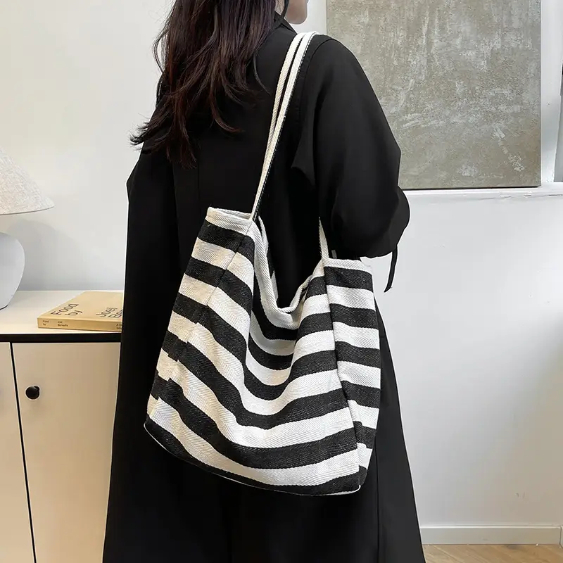 Striped Canvas Shoulder Bag Blue White Large Capacity - Image 6