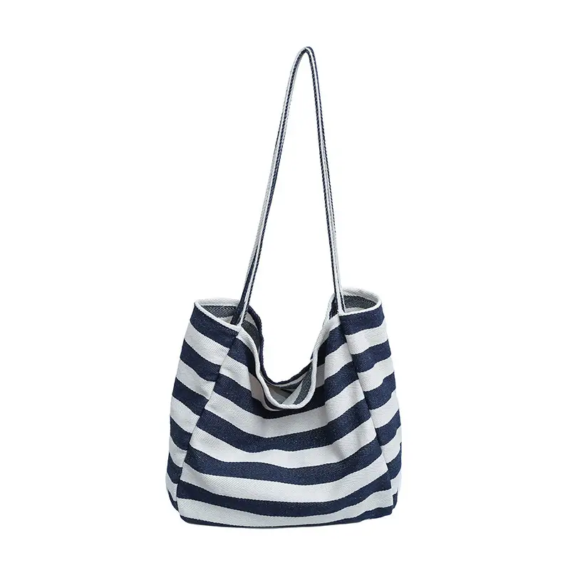 Striped Canvas Shoulder Bag Blue White Large Capacity - Image 7