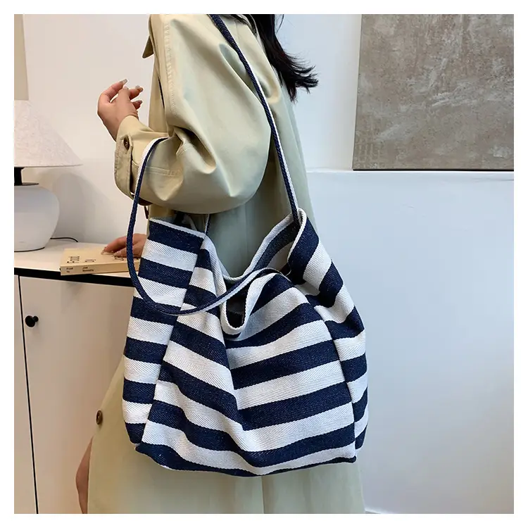 Striped Canvas Shoulder Bag Blue White Large Capacity — feature 11