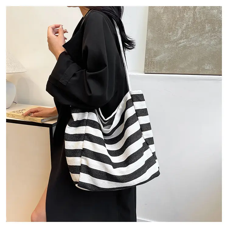 Striped Canvas Shoulder Bag Blue White Large Capacity — feature 14