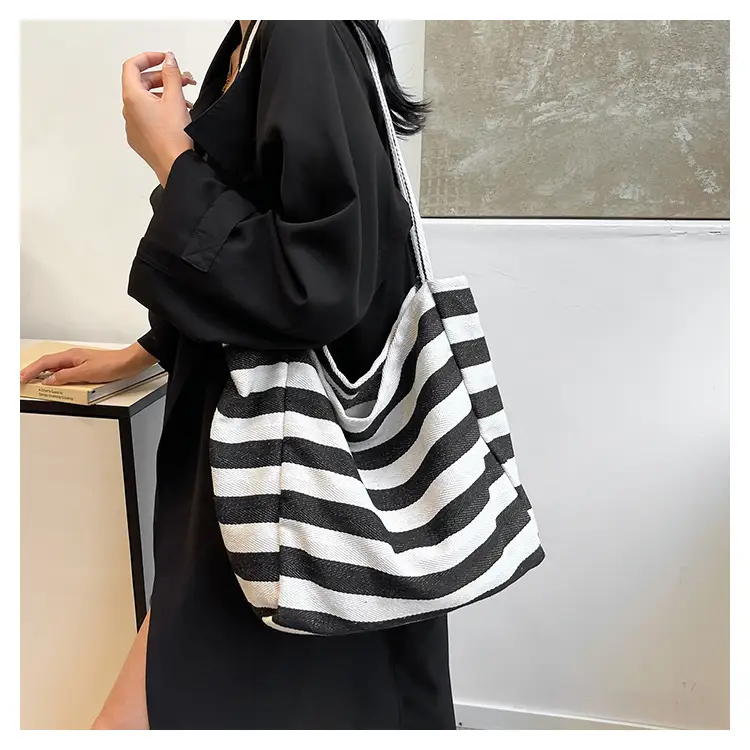 Striped Canvas Shoulder Bag Blue White Large Capacity — feature 15