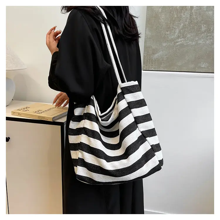 Striped Canvas Shoulder Bag Blue White Large Capacity — feature 16