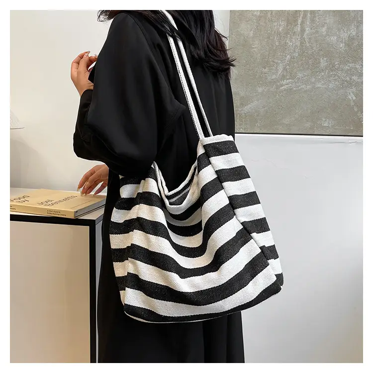 Striped Canvas Shoulder Bag Blue White Large Capacity — feature 17