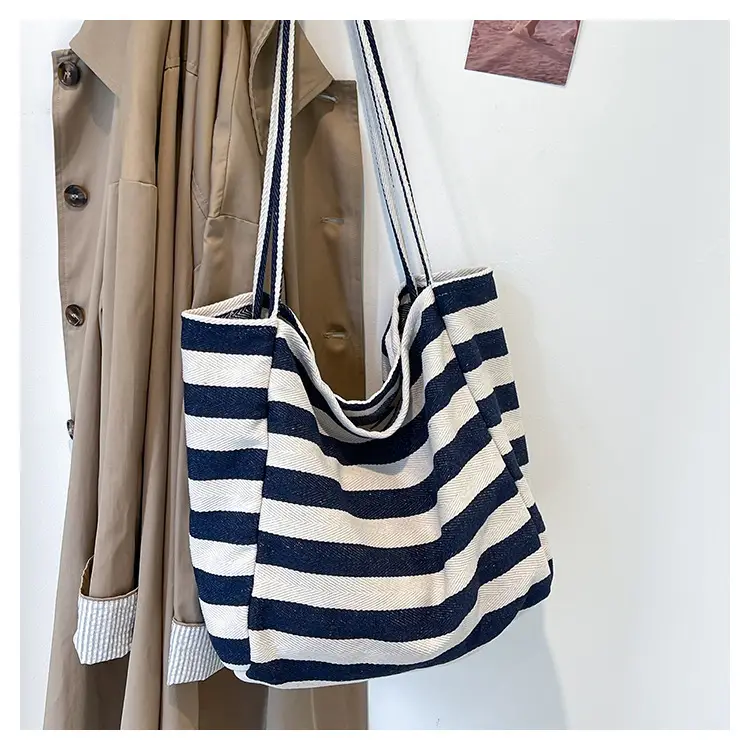 Striped Canvas Shoulder Bag Blue White Large Capacity — feature 18