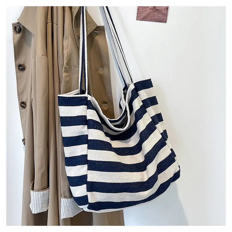 Striped Canvas Shoulder Bag Blue White Large Capacity — feature 19
