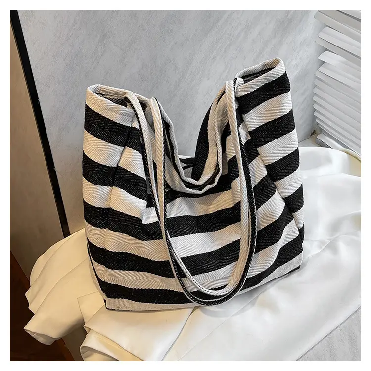 Striped Canvas Shoulder Bag Blue White Large Capacity — feature 20