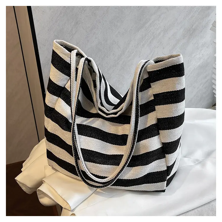 Striped Canvas Shoulder Bag Blue White Large Capacity — feature 21