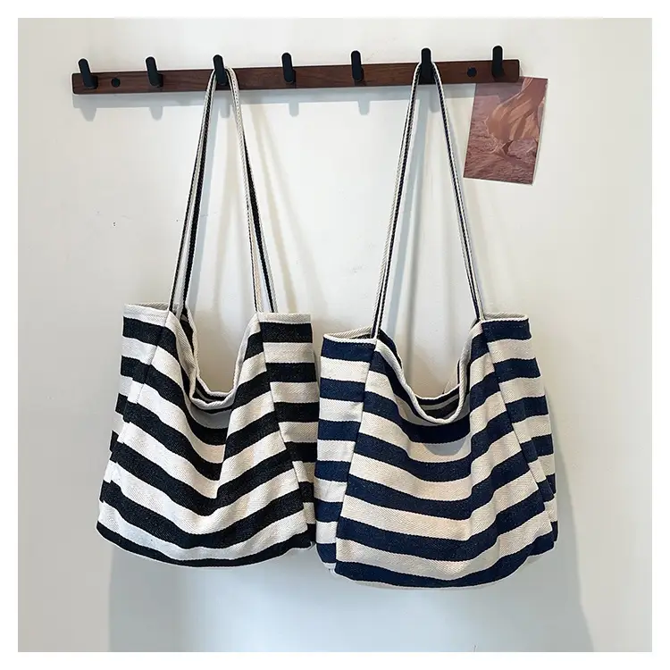 Striped Canvas Shoulder Bag Blue White Large Capacity — feature 22