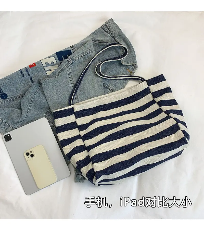 Striped Canvas Shoulder Bag Blue White Large Capacity — feature 4