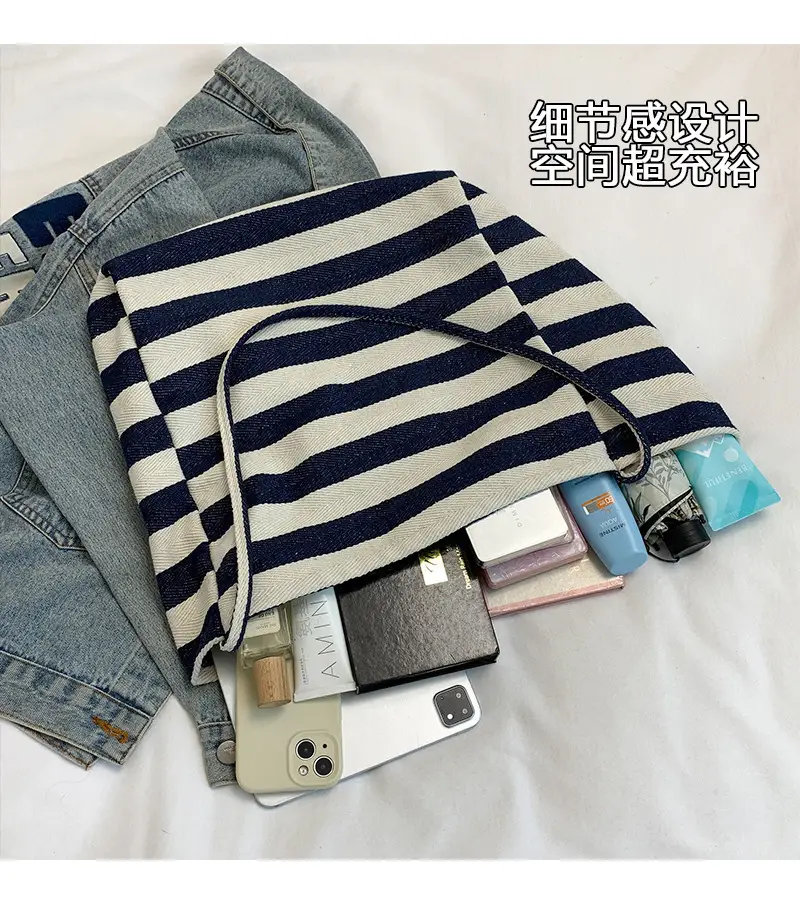 Striped Canvas Shoulder Bag Blue White Large Capacity — feature 5