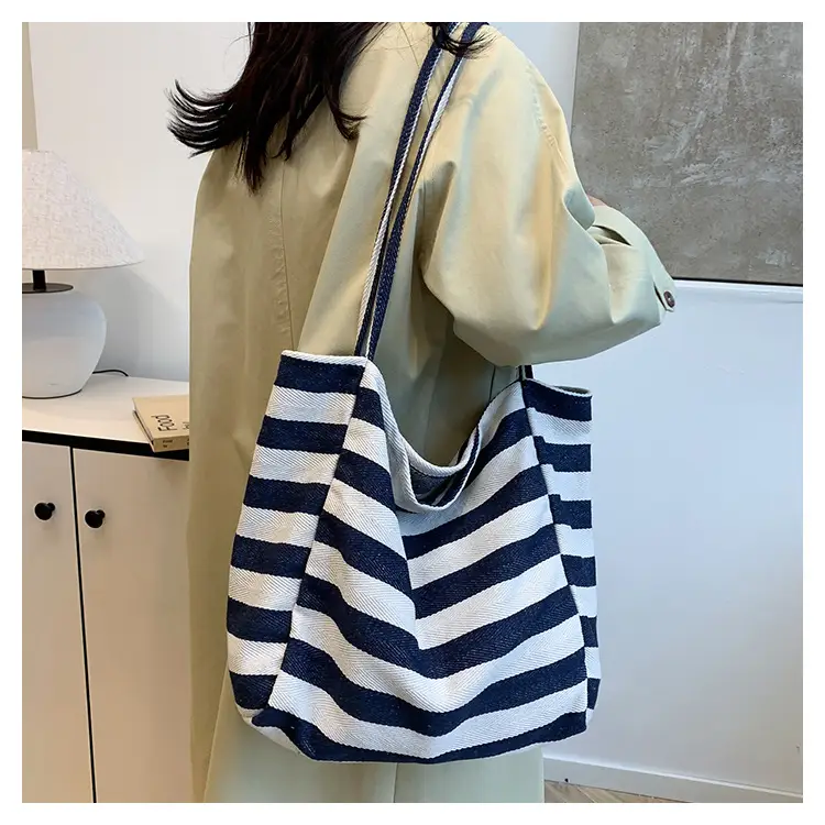 Striped Canvas Shoulder Bag Blue White Large Capacity — feature 7