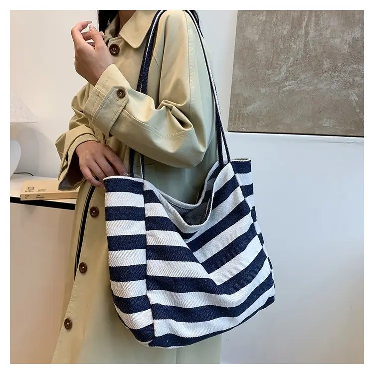 Striped Canvas Shoulder Bag Blue White Large Capacity — feature 9