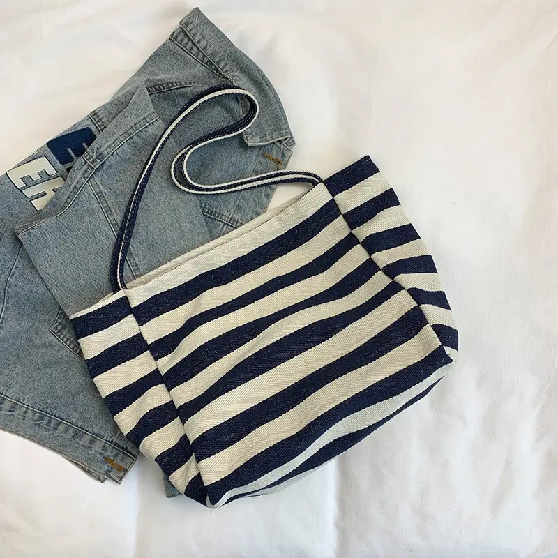 Striped Canvas Shoulder Bag Blue White Large Capacity - Image 2
