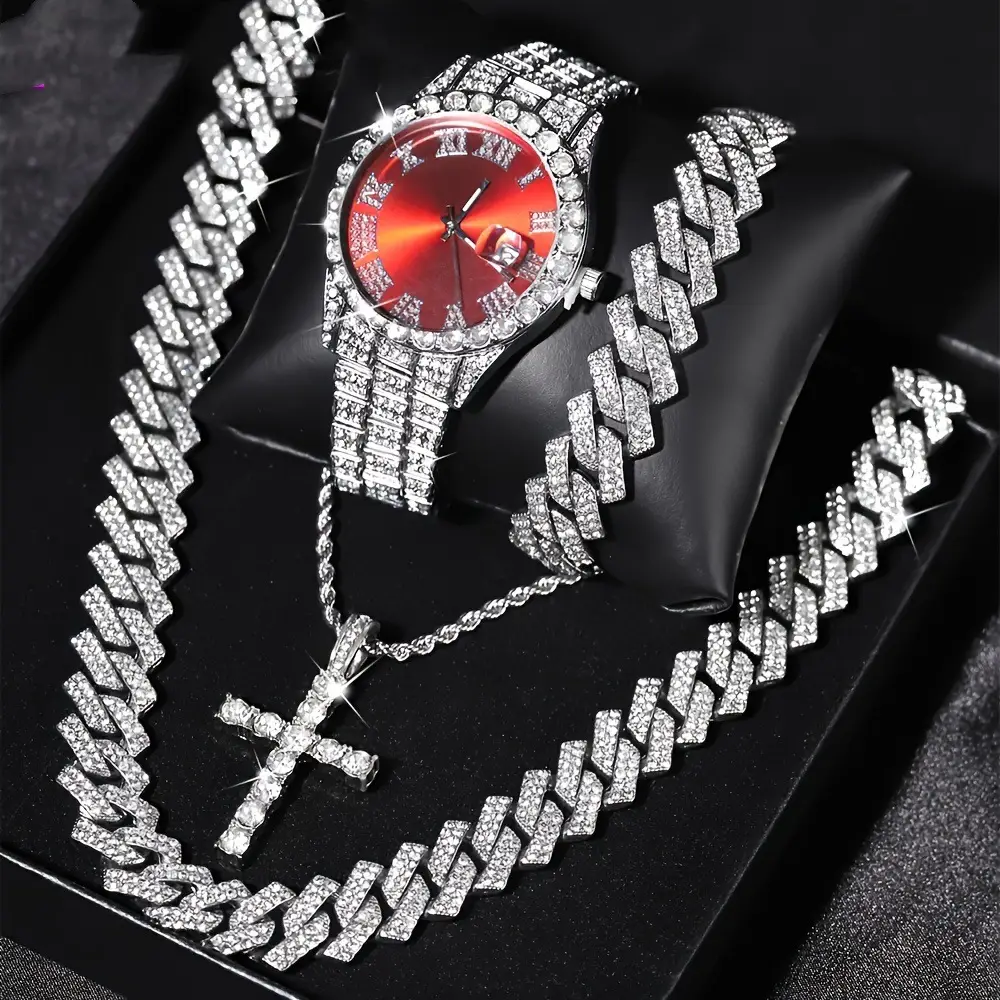 TEMU Explosive Diamond-encrusted Luxury Steel Band Quartz Watch Diamond-encrusted Hip-hop Cuban Bracelet with suit Watch