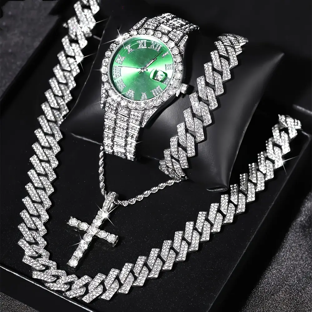 TEMU Explosive Diamond-encrusted Luxury Steel Band Quartz Watch Diamond-encrusted Hip-hop Cuban Bracelet with suit Watch