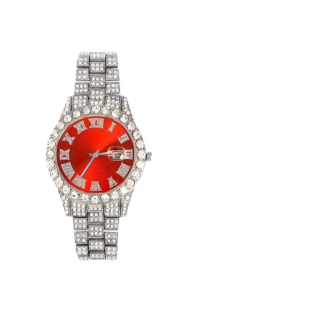 TEMU Explosive Diamond-encrusted Luxury Steel Band Quartz Watch Diamond-encrusted Hip-hop Cuban Bracelet with suit Watch