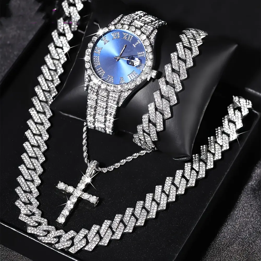 TEMU Explosive Diamond-encrusted Luxury Steel Band Quartz Watch Diamond-encrusted Hip-hop Cuban Bracelet with suit Watch — feature 1