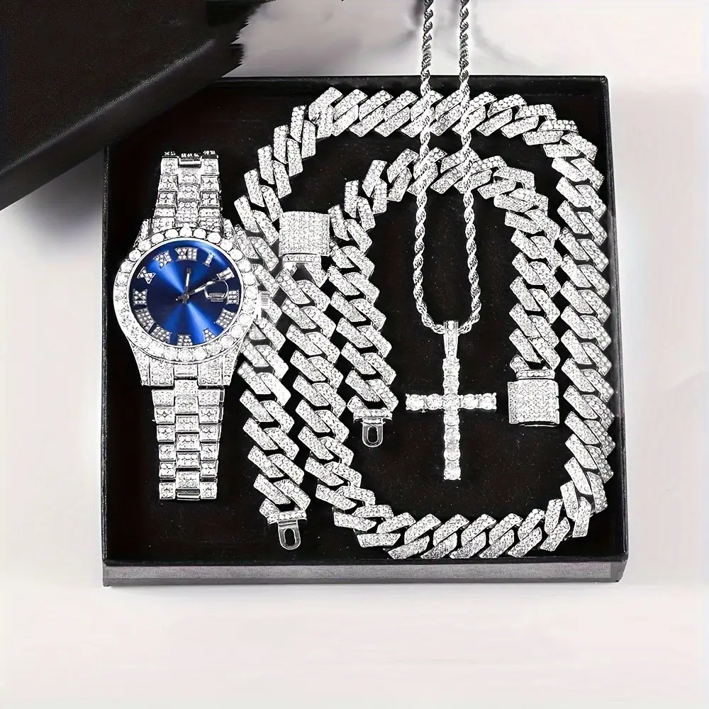 TEMU Explosive Diamond-encrusted Luxury Steel Band Quartz Watch Diamond-encrusted Hip-hop Cuban Bracelet with suit Watch — feature 4