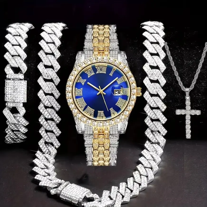 TEMU Explosive Diamond-encrusted Luxury Steel Band Quartz Watch Diamond-encrusted Hip-hop Cuban Bracelet with suit Watch