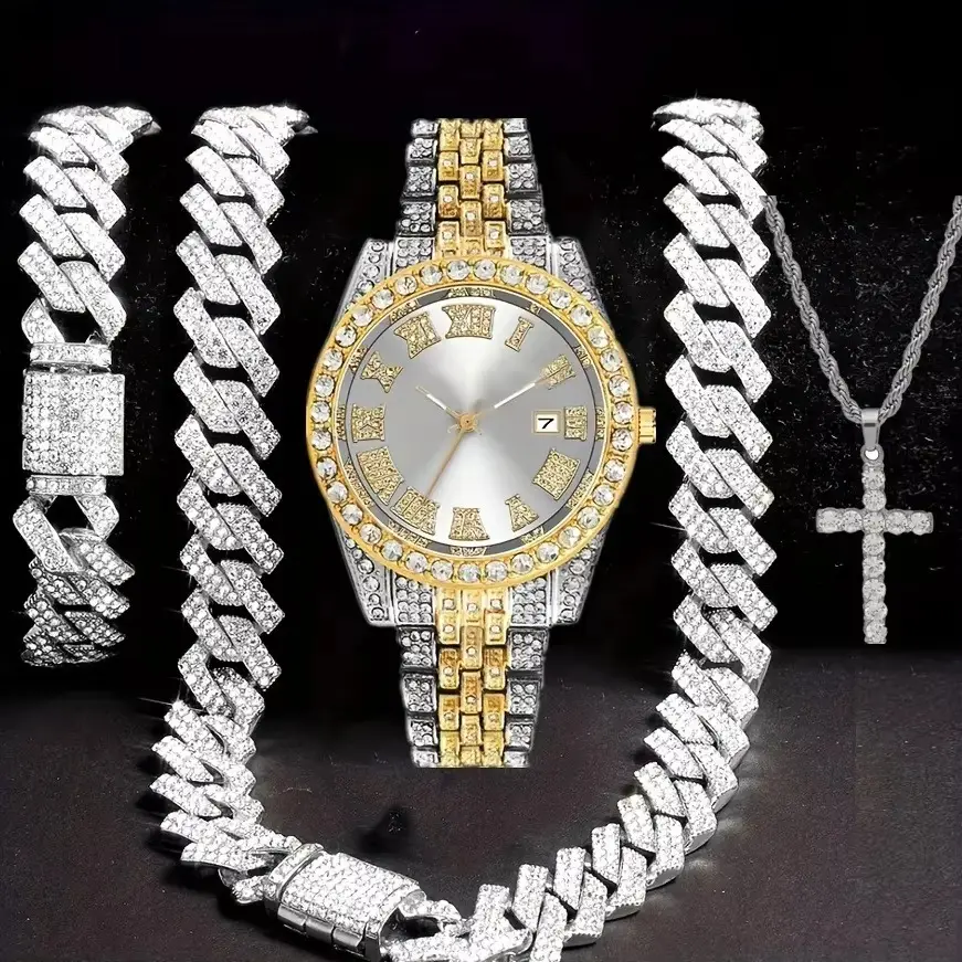 TEMU Explosive Diamond-encrusted Luxury Steel Band Quartz Watch Diamond-encrusted Hip-hop Cuban Bracelet with suit Watch