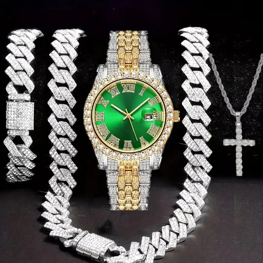 TEMU Explosive Diamond-encrusted Luxury Steel Band Quartz Watch Diamond-encrusted Hip-hop Cuban Bracelet with suit Watch