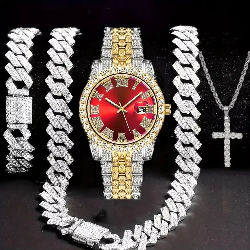 TEMU Explosive Diamond-encrusted Luxury Steel Band Quartz Watch Diamond-encrusted Hip-hop Cuban Bracelet with suit Watch