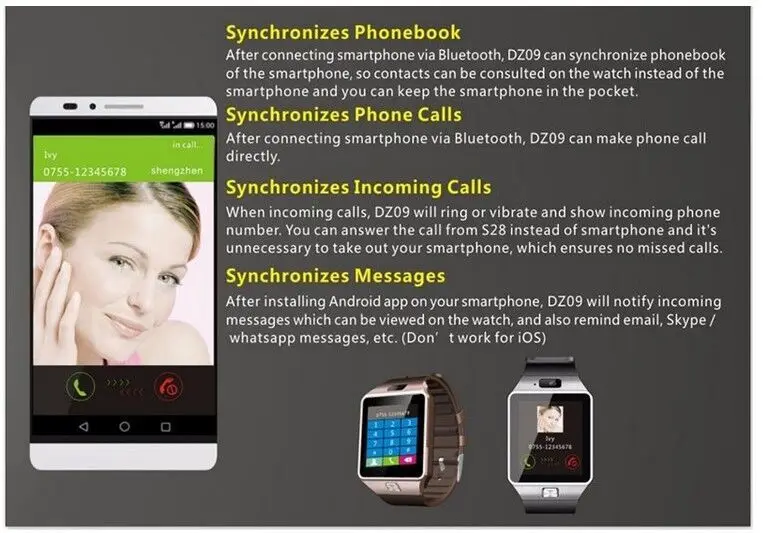 Foreign trade multi-function smart watch DZ09 card can be inserted to take photos Internet calls phone watch touch screen — feature 21