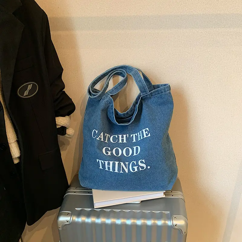 Denim One-shoulder Bag with "Catch the Good Things" Print - Image 5