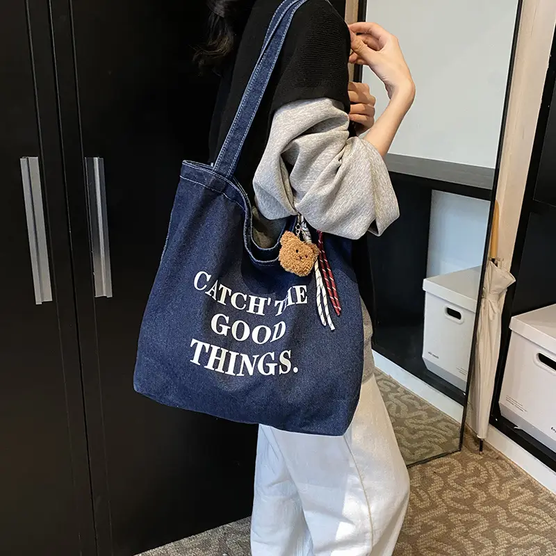 Denim One-shoulder Bag with "Catch the Good Things" Print - Image 6