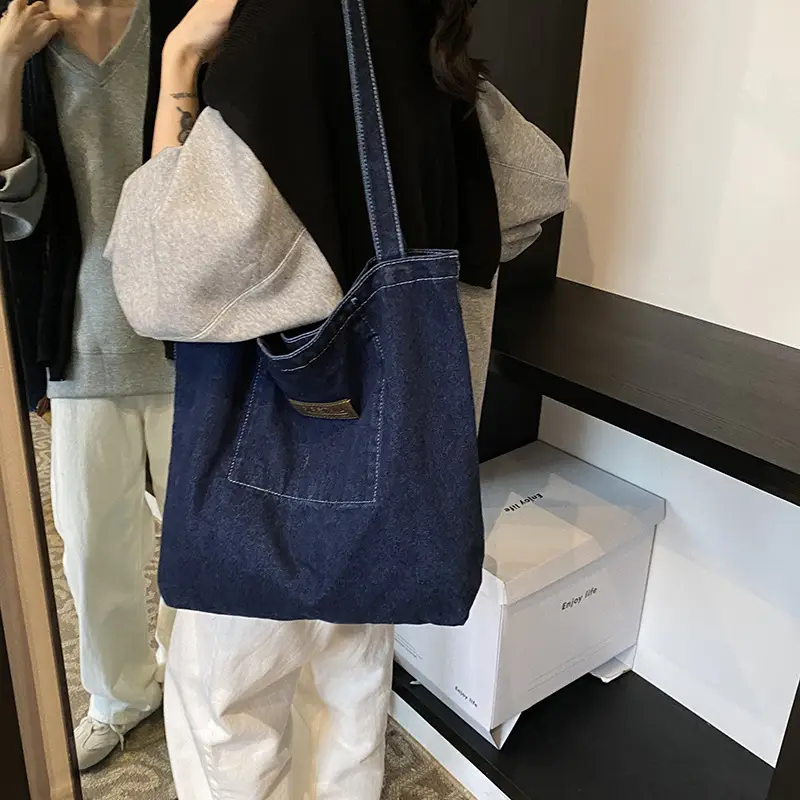 Denim One-shoulder Bag with "Catch the Good Things" Print - Image 7