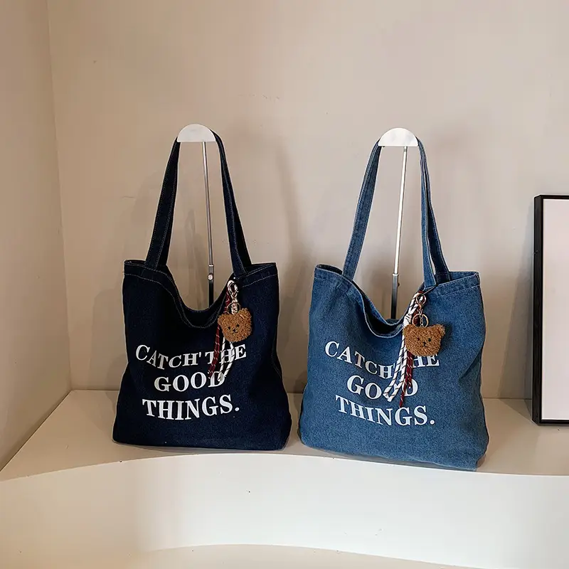 Denim One-shoulder Bag with "Catch the Good Things" Print - Image 8