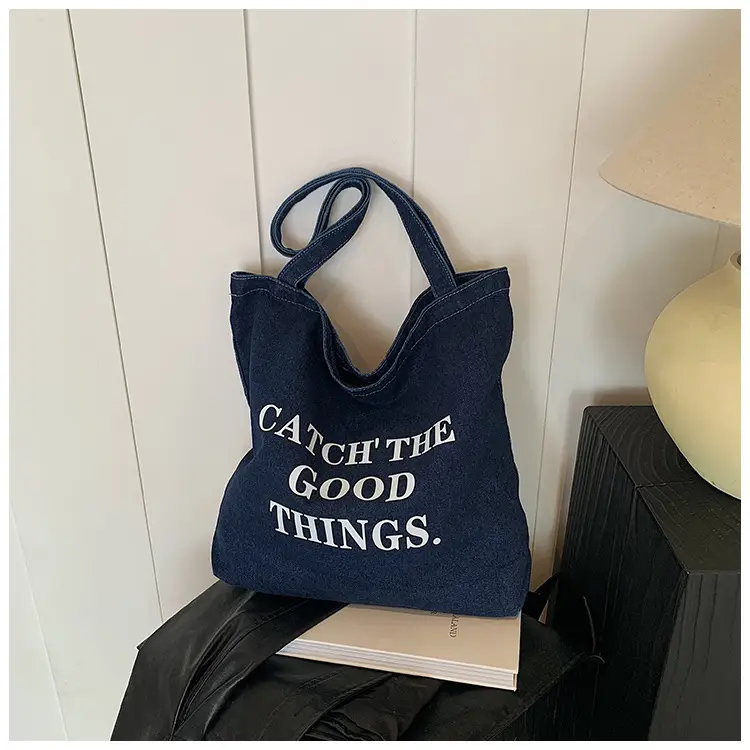 Denim One-shoulder Bag with "Catch the Good Things" Print — feature 13