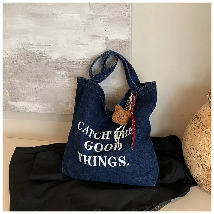 Denim One-shoulder Bag with "Catch the Good Things" Print — feature 14