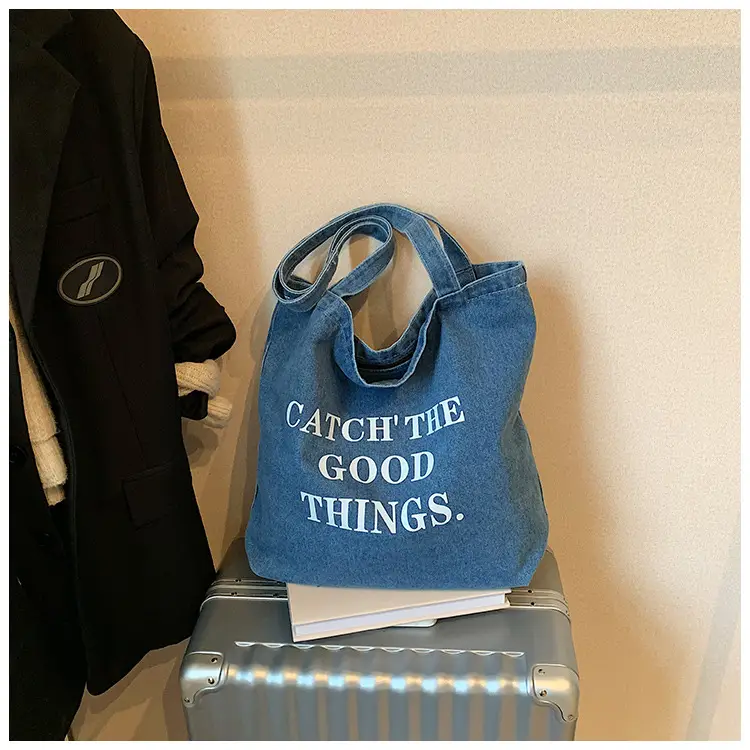Denim One-shoulder Bag with "Catch the Good Things" Print — feature 15