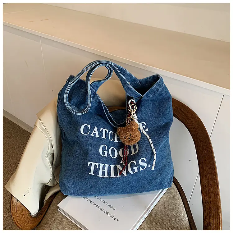Denim One-shoulder Bag with "Catch the Good Things" Print — feature 16