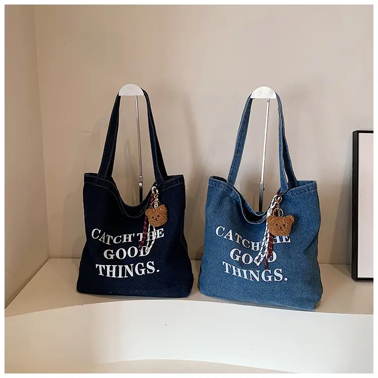 Denim One-shoulder Bag with "Catch the Good Things" Print — feature 17
