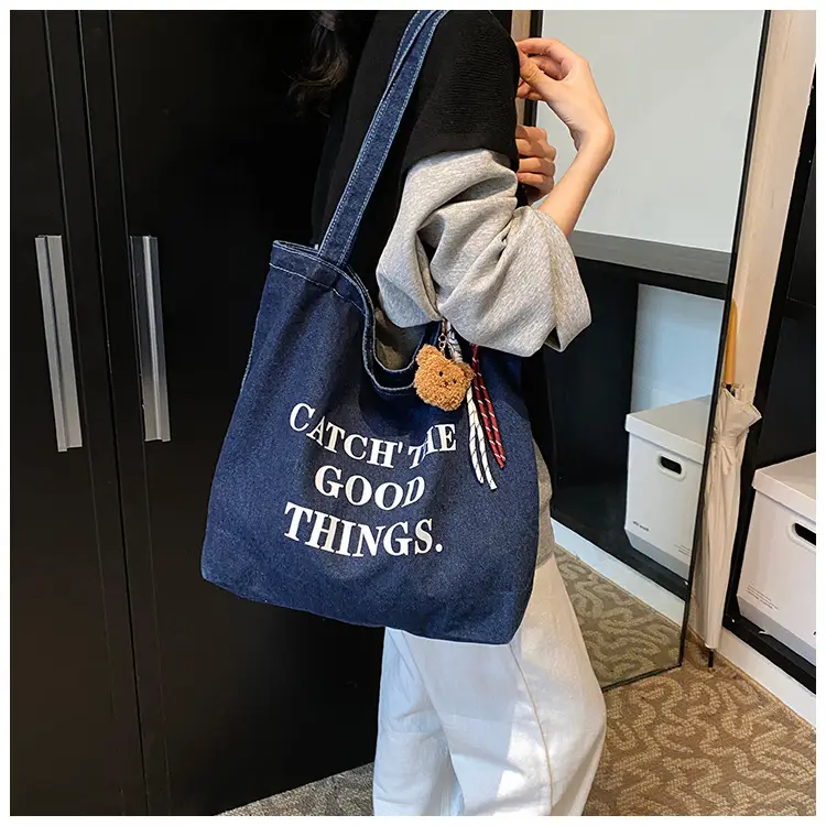 Denim One-shoulder Bag with "Catch the Good Things" Print — feature 7
