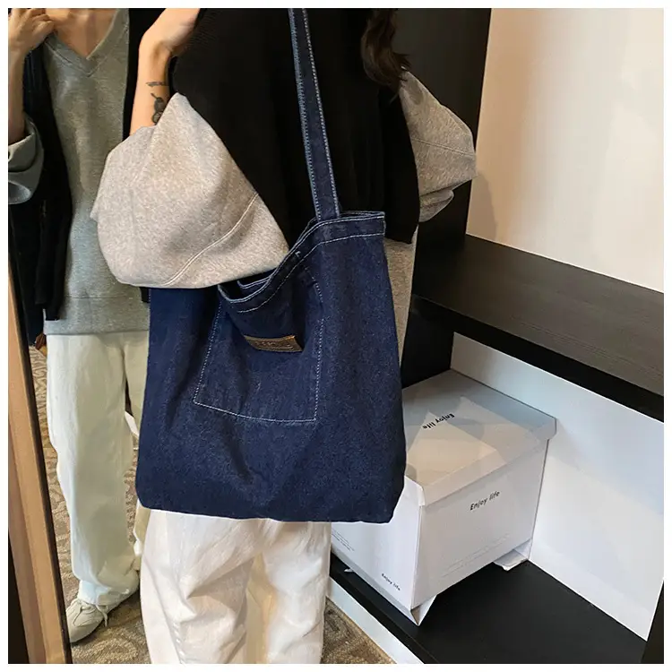 Denim One-shoulder Bag with "Catch the Good Things" Print — feature 8