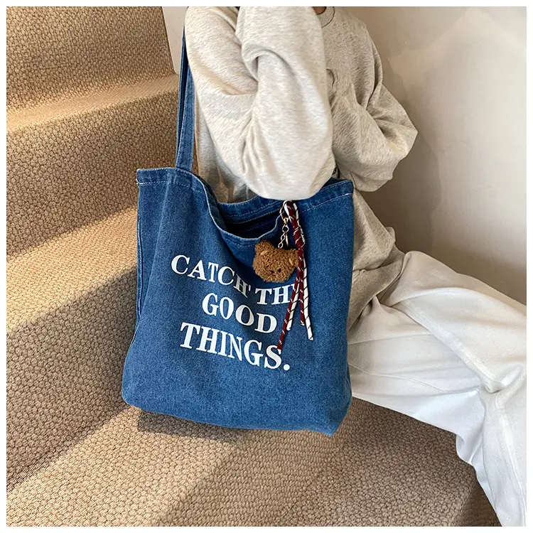 Denim One-shoulder Bag with "Catch the Good Things" Print — feature 9