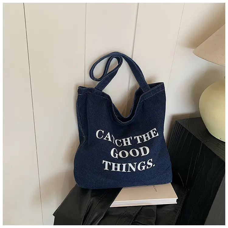 Denim One-shoulder Bag with "Catch the Good Things" Print - Image 3