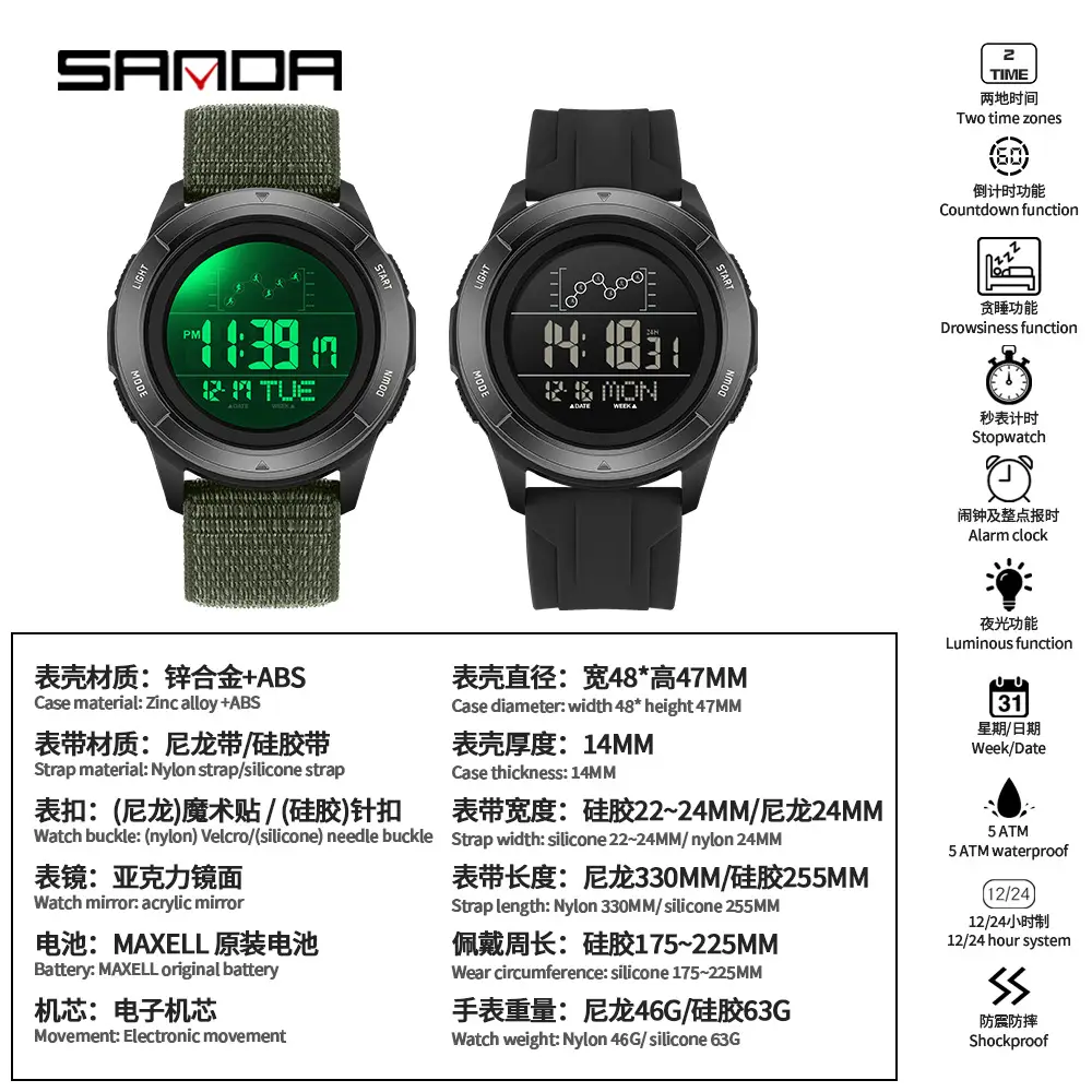 Sanda Multifunctional Luminous Watch Black Large Dial - Image 13