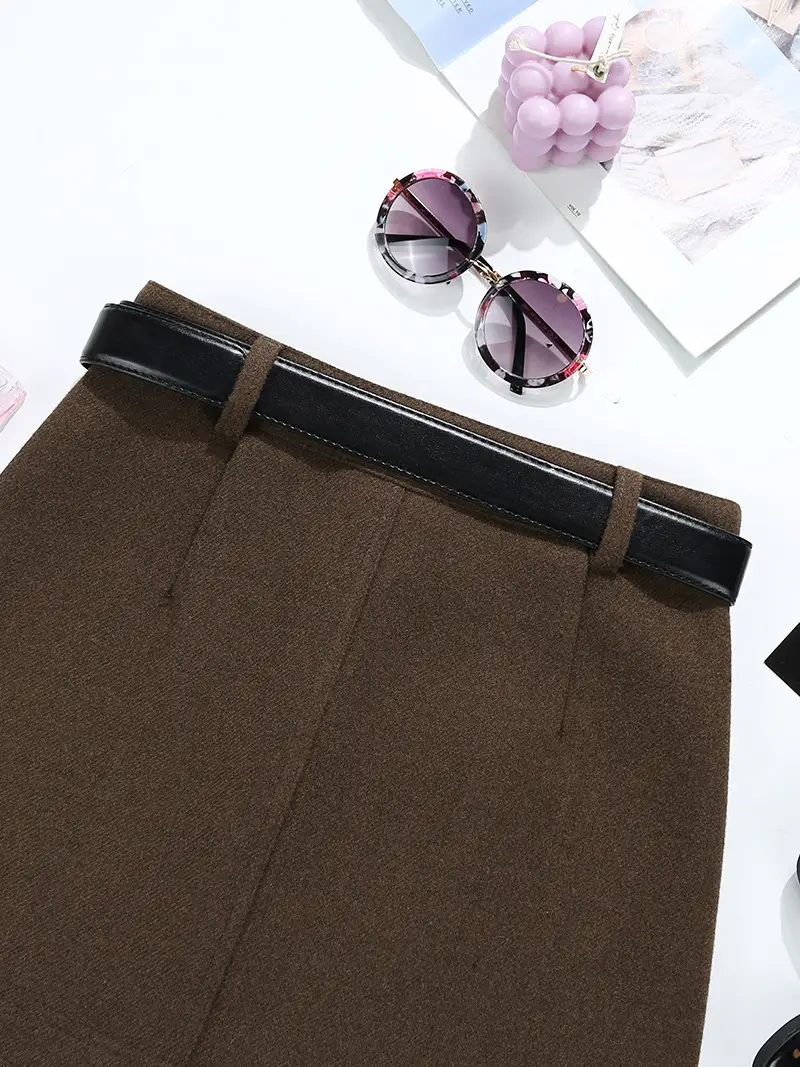 Woolen Belted Skirt Brown Winter Korean Style - Image 8