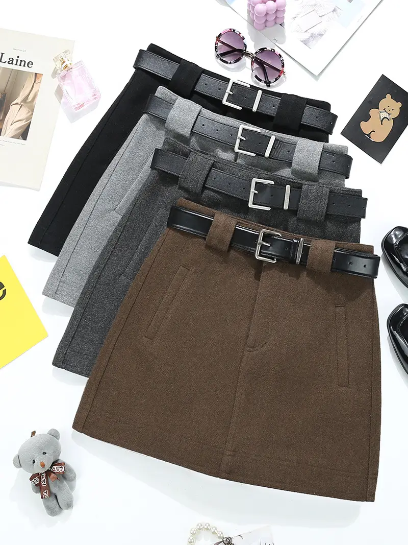Woolen Belted Skirt Brown Winter Korean Style — feature 1