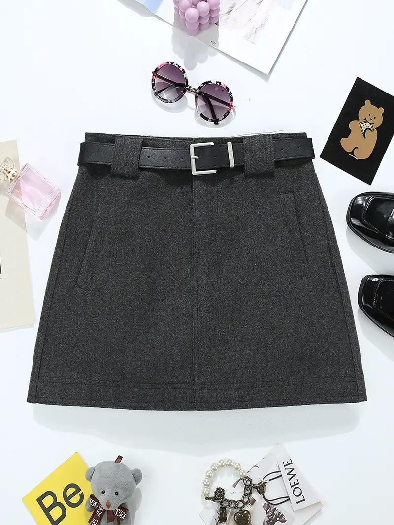 Woolen Belted Skirt Brown Winter Korean Style — feature 11