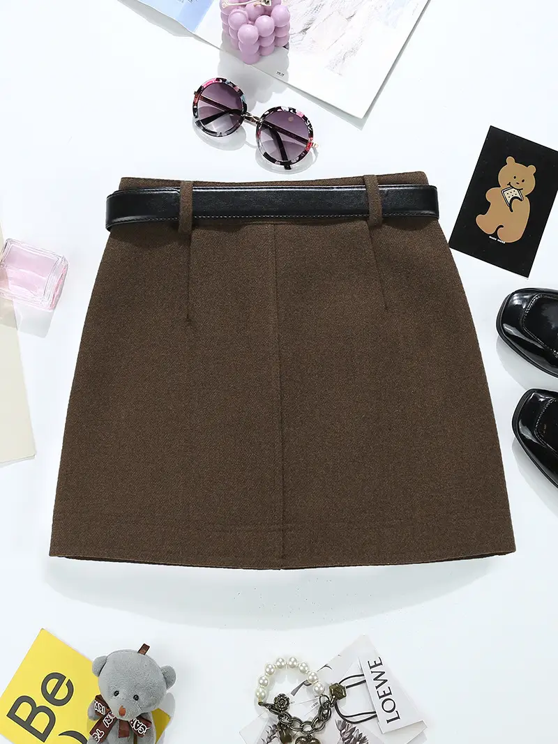 Woolen Belted Skirt Brown Winter Korean Style — feature 12