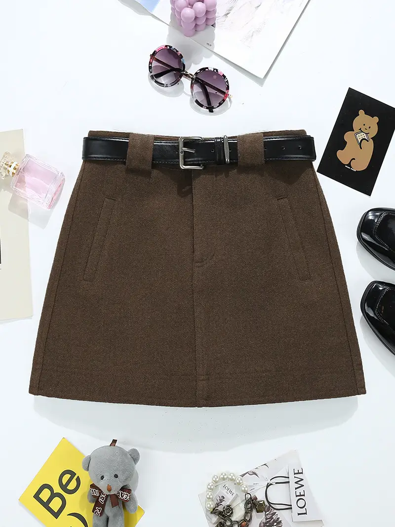 Woolen Belted Skirt Brown Winter Korean Style — feature 13