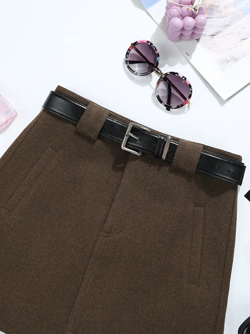 Woolen Belted Skirt Brown Winter Korean Style — feature 5