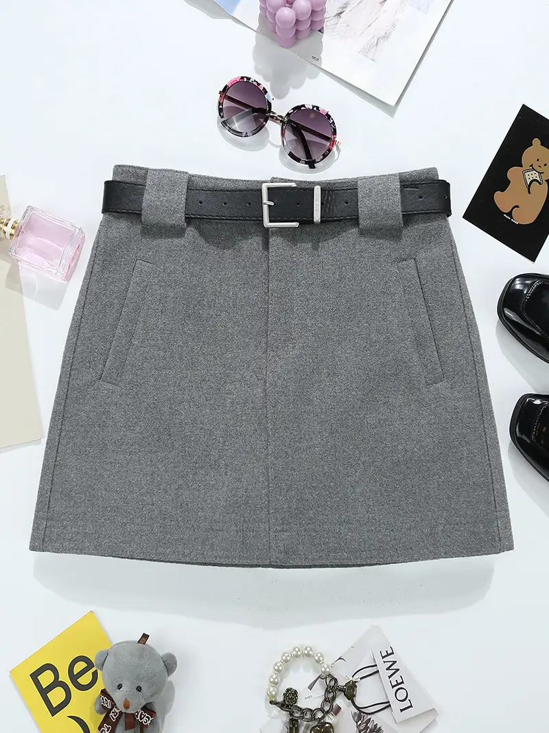 Woolen Belted Skirt Brown Winter Korean Style - Image 2