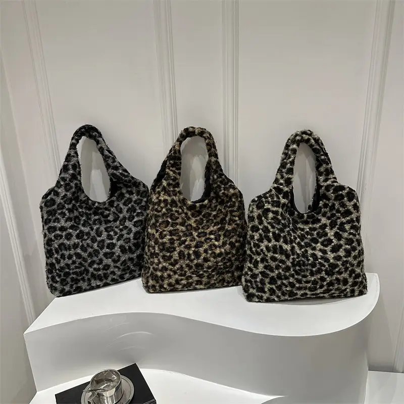 Plush Leopard Print Shoulder Tote Bag for Women - Image 7